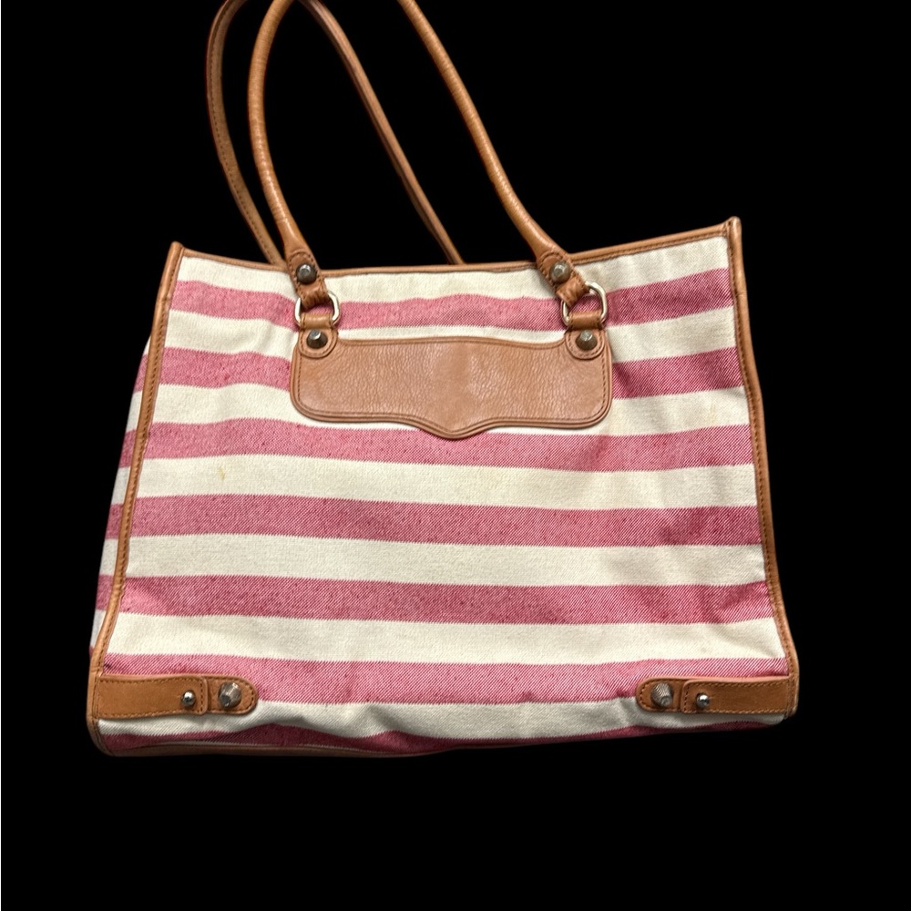 REBECCA MINKOF Pink and Tan Shoulder Bag with Striped Design